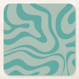 Retro Modern Liquid Swirl Abstract Pattern Teal Square Paper Coaster