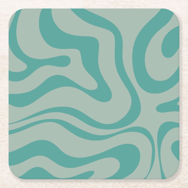 Retro Modern Liquid Swirl Abstract Pattern Teal Square Paper Coaster (Front)