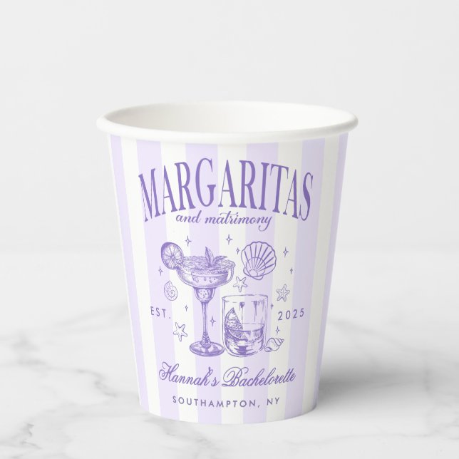 Retro Modern Margaritas and Matrimony Striped Bach Paper Cups (Front)