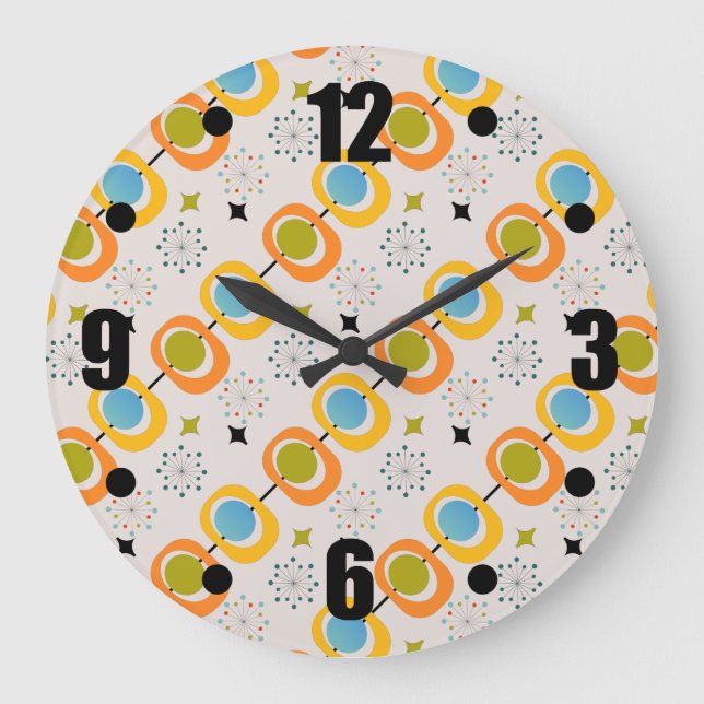 Retro Modern Mid Century Starburst Pattern Lumbar  Large Clock (Front)