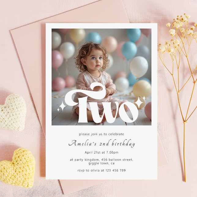 Retro Modern Minimalist 2nd Birthday Photo Invitation (Creator Uploaded)