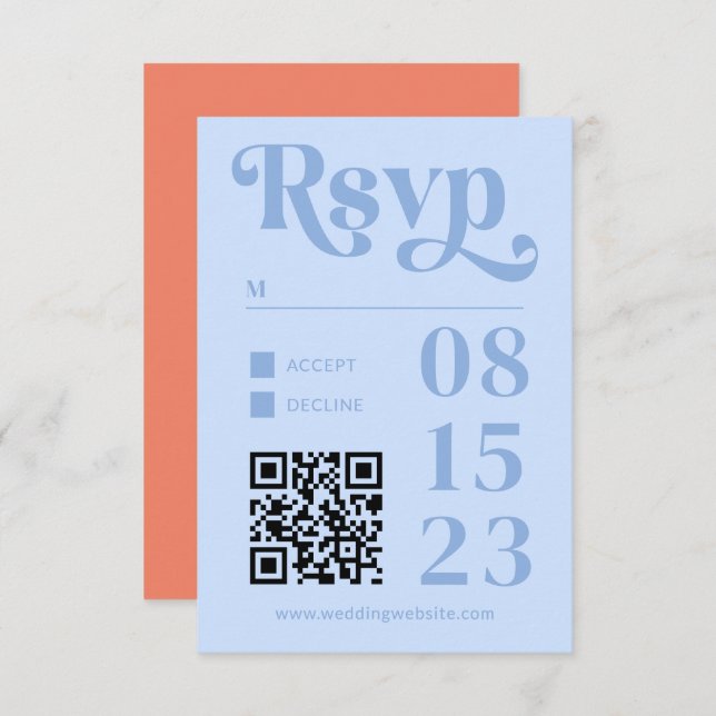 Retro Modern Minimalist Peach and Blue Wedding RSVP Card (Front/Back)