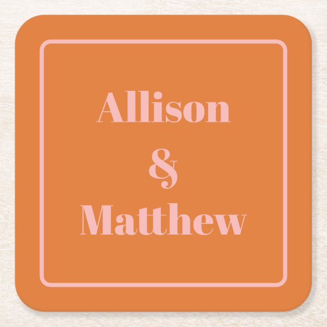 Retro Modern Minimalist Pink and Orange Names Square Paper Coaster (Front)