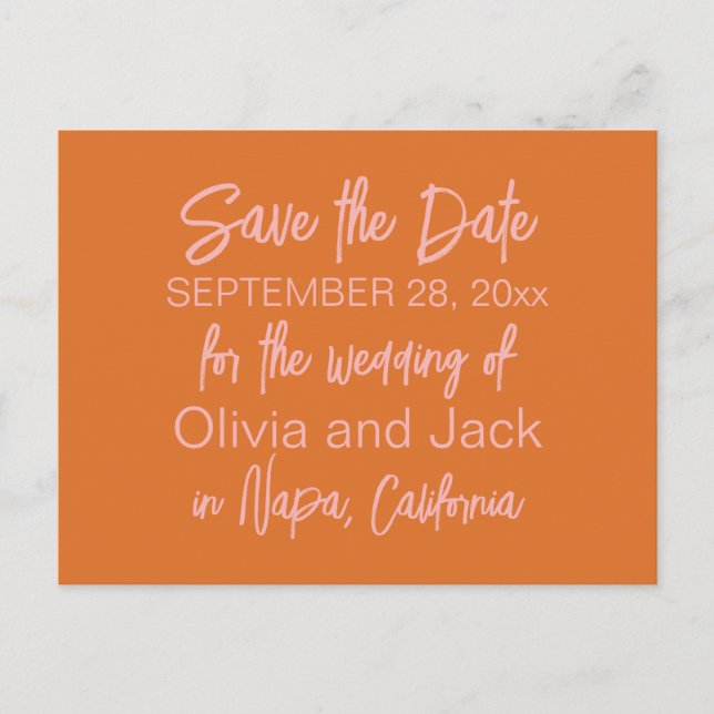 Retro Modern Minimalist Save The Date Pink Orange Postcard (Front)