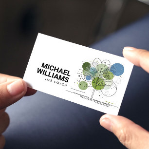 Retro Modern Minimalist Tree Life Coach Blue/Green Business Card