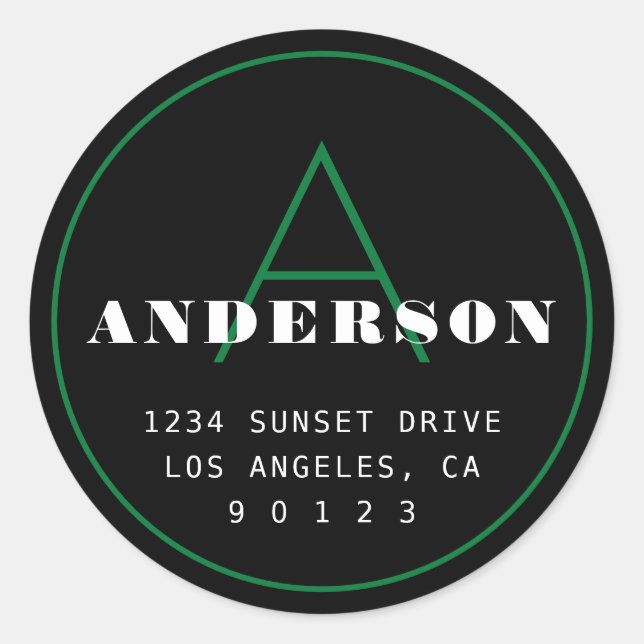 Retro-Modern Monogram Address | Black Green White Classic Round Sticker (Front)