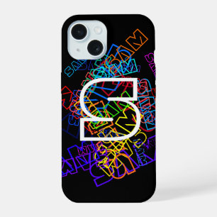 Retro-Modern Name & Monogram Bright Colours & Blac iPhone 15 Case