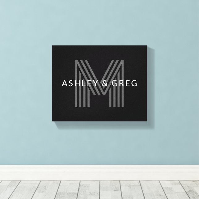 Retro Modern Name/s Editable Monogram Black & Grey Canvas Print (Insitu(Wood Floor))