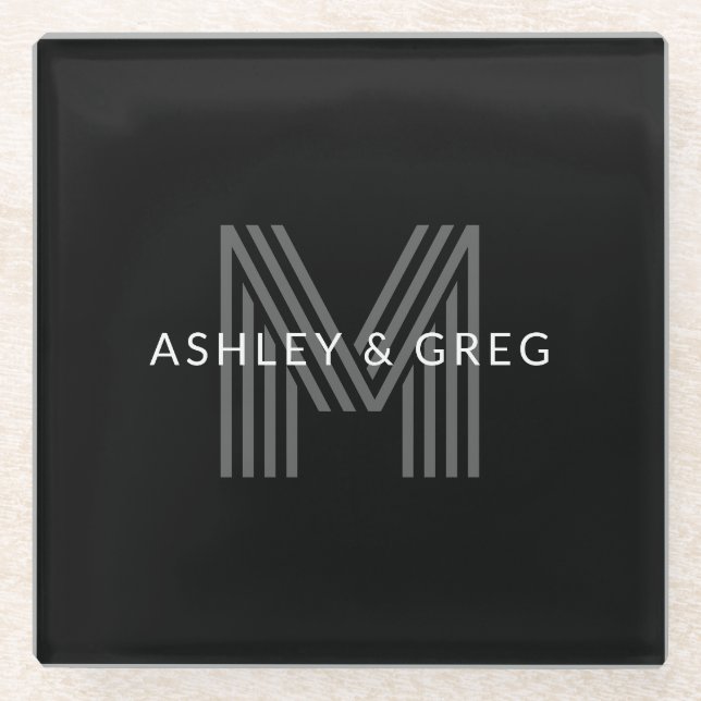 Retro Modern Name/s Editable Monogram Black & Grey Glass Coaster (Front)