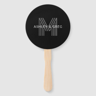 Retro Modern Name/s Editable Monogram Black & Grey Hand Fan