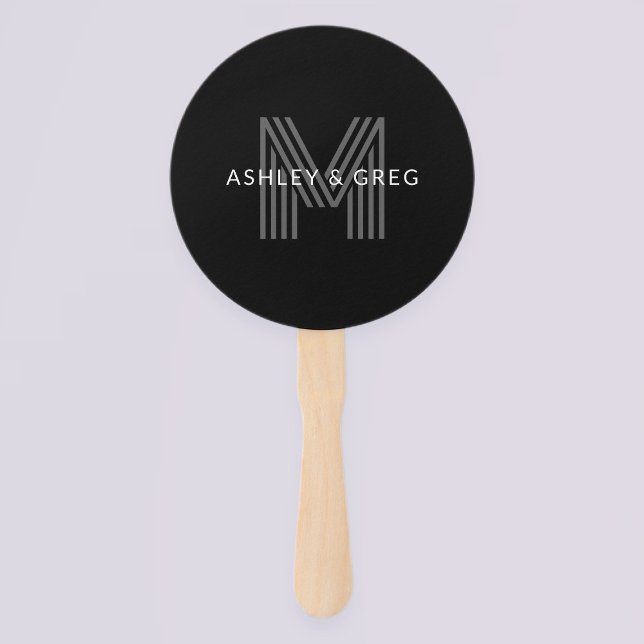 Retro Modern Name/s Editable Monogram Black & Grey Hand Fan (Creator Uploaded)