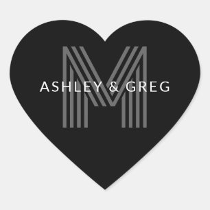 Retro Modern Name/s Editable Monogram Black & Grey Heart Sticker