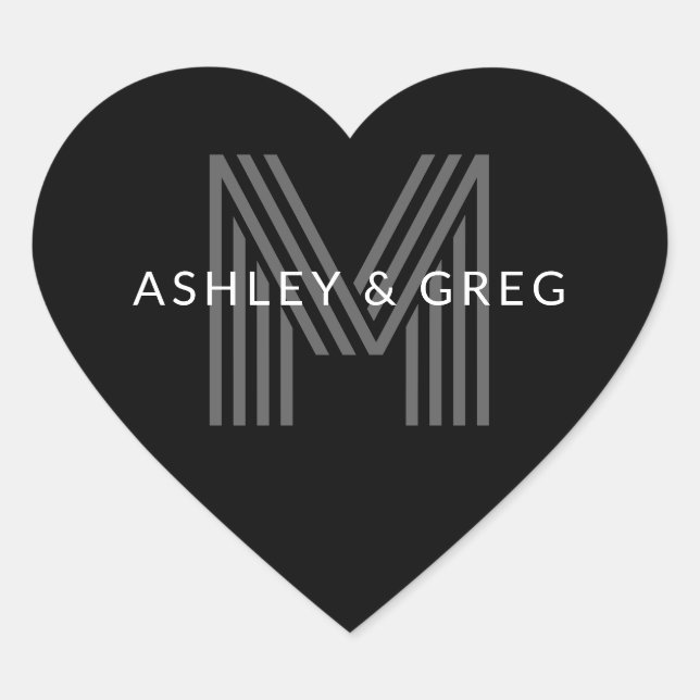 Retro Modern Name/s Editable Monogram Black & Grey Heart Sticker (Front)