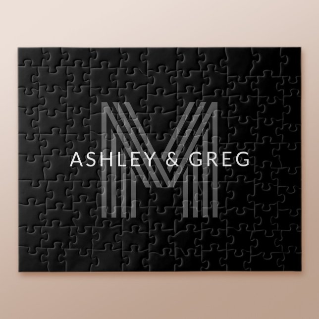 Retro Modern Name/s Editable Monogram Black & Grey Jigsaw Puzzle (Creator Uploaded)