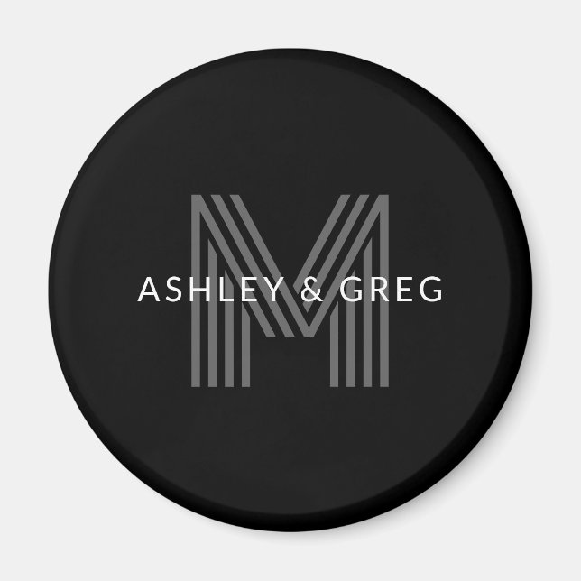 Retro Modern Name/s Editable Monogram Black & Grey Magnet (Front)