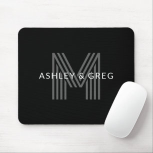 Retro Modern Name/s Editable Monogram Black & Grey Mouse Mat