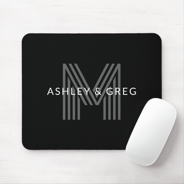 Retro Modern Name/s Editable Monogram Black & Grey Mouse Mat (With Mouse)