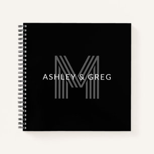 Retro Modern Name/s Editable Monogram Black & Grey Notebook