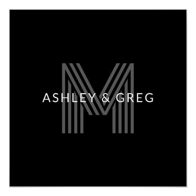 Retro Modern Name/s Editable Monogram Black & Grey Poster (Front)