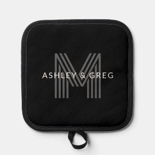 Retro Modern Name/s Editable Monogram Black & Grey Pot Holder