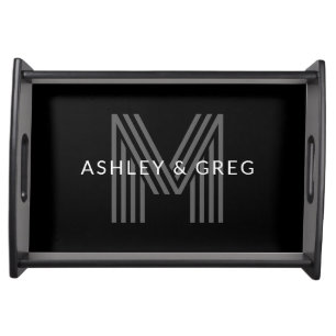 Retro Modern Name/s Editable Monogram Black & Grey Serving Tray