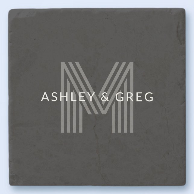 Retro Modern Name/s Editable Monogram Black & Grey Stone Coaster (Creator Uploaded)