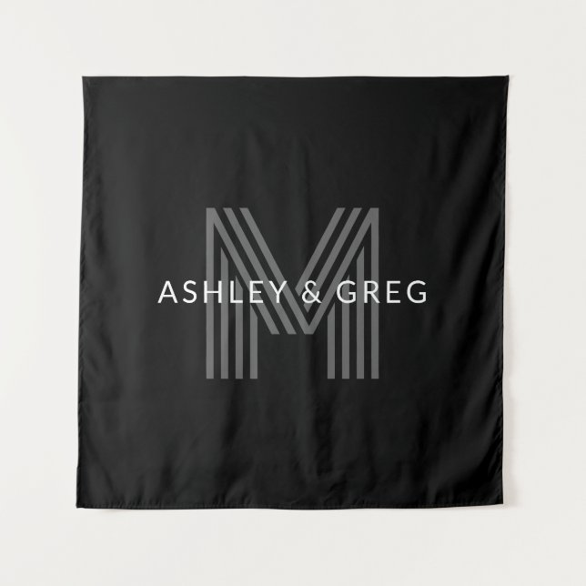 Retro Modern Name/s Editable Monogram Black & Grey Tapestry (Front)
