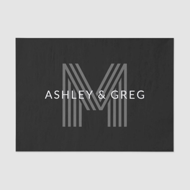 Retro Modern Name/s Editable Monogram Black & Grey Tissue Paper (Front)