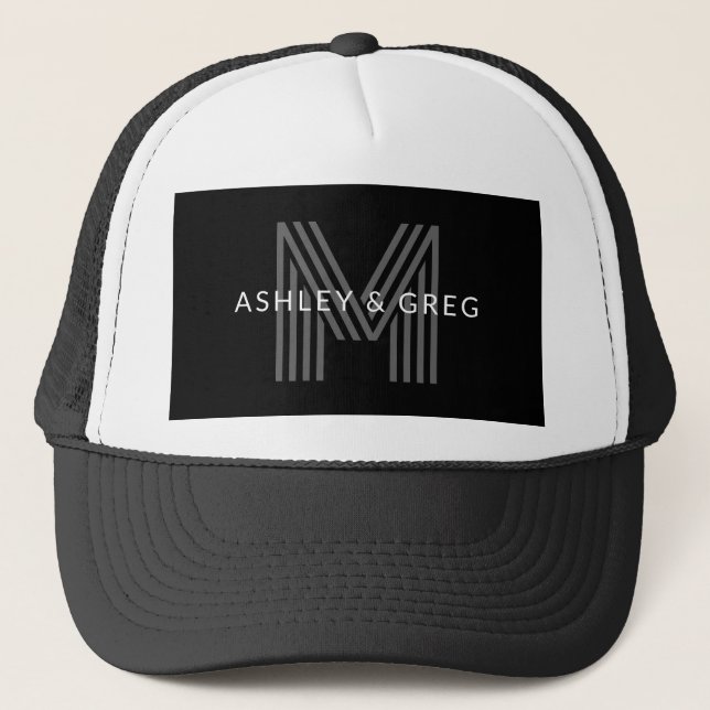 Retro Modern Name/s Editable Monogram Black & Grey Trucker Hat (Front)