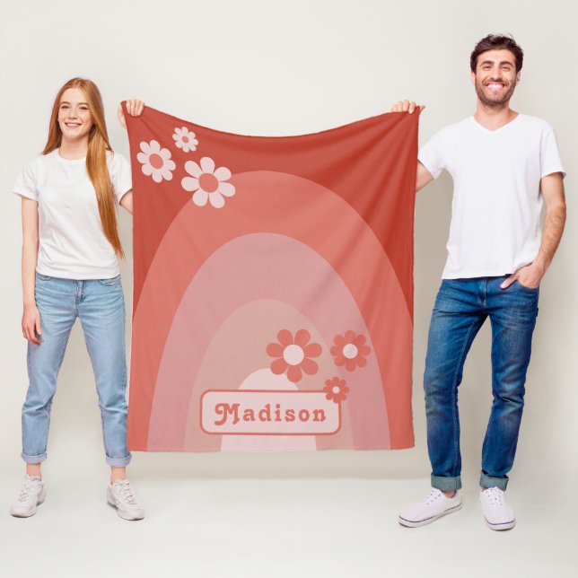 Retro Modern Orange Rainbow Daisy Name Fleece Blanket (In Situ)