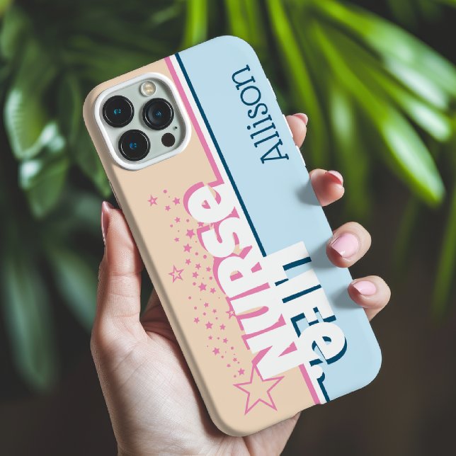 Retro Modern Pink and Blue Nurse Life Personalised Case-Mate iPhone Case (Creator Uploaded)