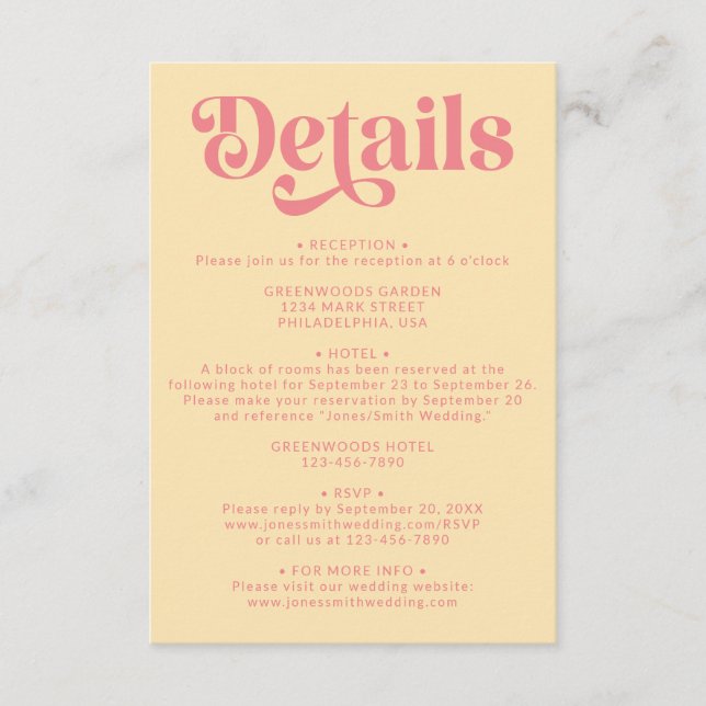 Retro Modern Pink and Yellow Wedding Details Enclosure Card (Front)