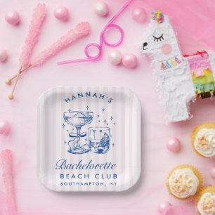 Retro Modern Pink & Blue Bachelorette Weekend Paper Plate