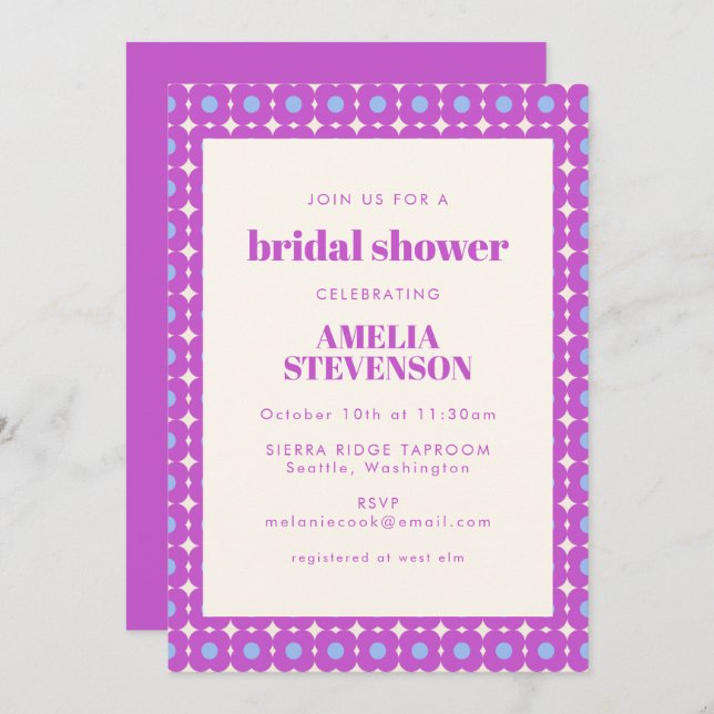 Retro Modern Purple Geometric Flower Bridal Shower Invitation (Front/Back)