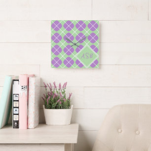 Retro Modern Purple Green Pastel Argyle Square Wall Clock