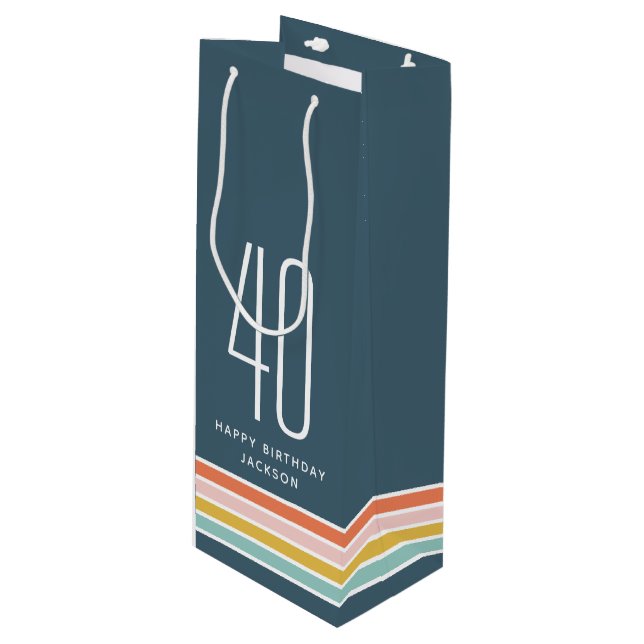 Retro Modern Rainbow Stripes Birthday 40th Wine Gift Bag (Front Angled)