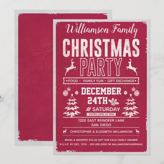Retro Modern Red Family Christmas Party Invitation (Front/Back)