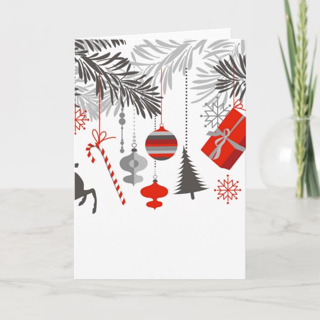 Retro Modern Red & Grey Christmas Ornaments Holiday Card (Front)