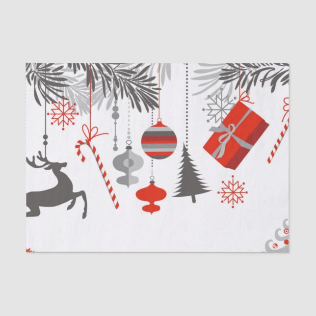 Retro Modern Red & Grey Christmas Ornaments Tissue Paper (Front)