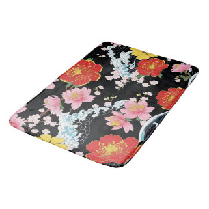 Retro Modern Seigaiha Sakura Flowers Japan party Bath Mat
