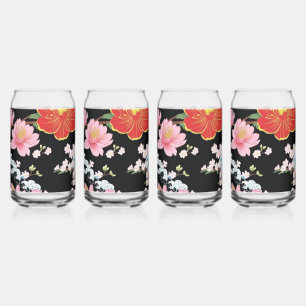 Retro Modern Seigaiha Sakura Flowers Japan party Can Glass