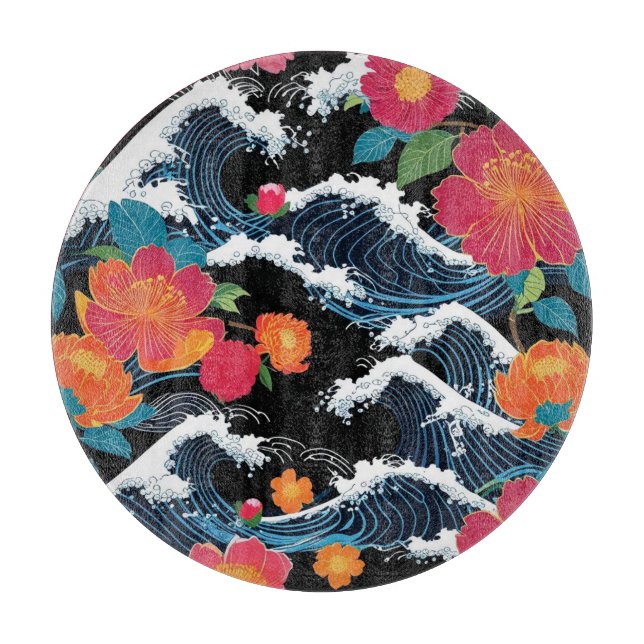 Retro Modern Seigaiha Sakura Flowers Japan party Cutting Board (Front)