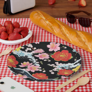Retro Modern Seigaiha Sakura Flowers Japan party Paper Plate