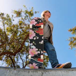 Retro Modern Seigaiha Sakura Flowers Japan party Skateboard