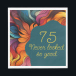 Retro Modern Teal Orange 75th Birthday Napkin<br><div class="desc">Add a bold splash of personality to your celebration with this “75 Never Looked So Good” birthday napkin. Featuring vibrant abstract florals in rich shades of orange, pink, teal, and crimson, this stylish napkin pairs perfectly with your milestone party décor. The playful phrase is printed in elegant script and modern...</div>