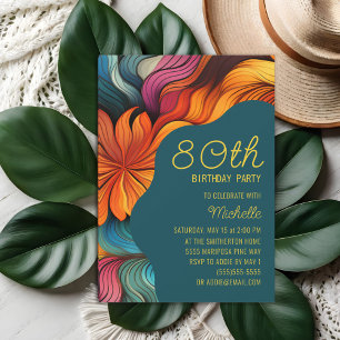Retro Modern Teal Orange Psychedelic 80th Birthday Invitation
