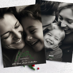 retro modern trendy christmas green bow 2 photo holiday card
