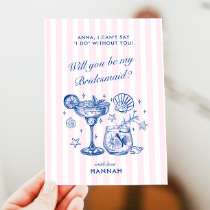 Retro Modern Vintage Blue Bridesmaid Proposal Card