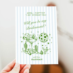 Retro Modern Vintage Blue Bridesmaid Proposal Card