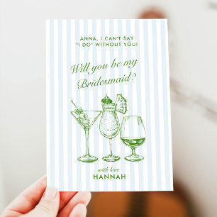 Retro Modern Vintage Blue Bridesmaid Proposal Card